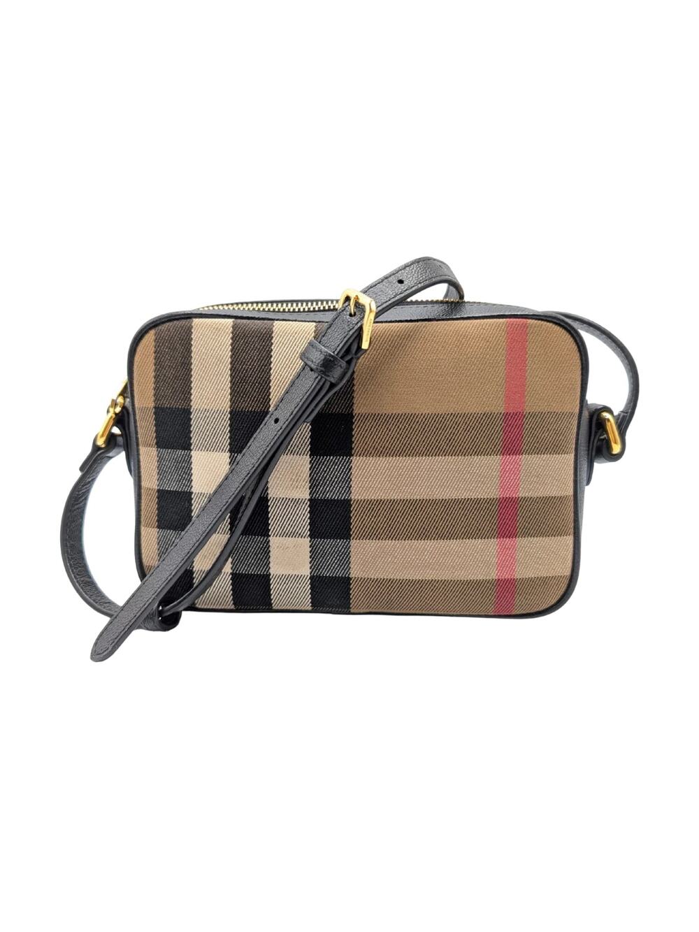 Burberry Check Black Leather Camera Crossbody Bag